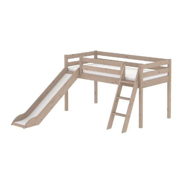 Кафяво средно високо детско легло от борова дървесина с пързалка и стълба , 90 x 200 cm Classic - Flexa