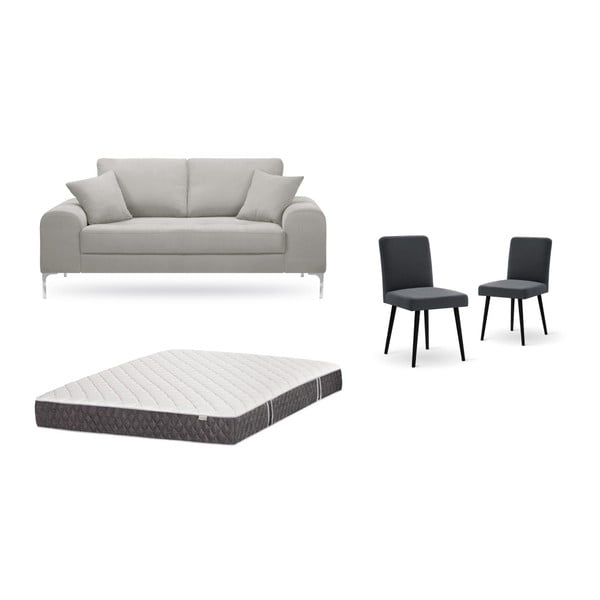Комплект от двуместен светлосив диван, 2 антрацитно сиви стола и матрак 140 x 200 cm - Home Essentials