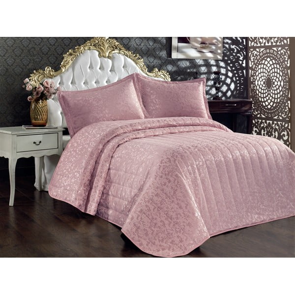 Розов памучен комплект от ватирана покривка за легло и калъфка за възглавница за двойно легло 240x260 cm Bulut - Mijolnir