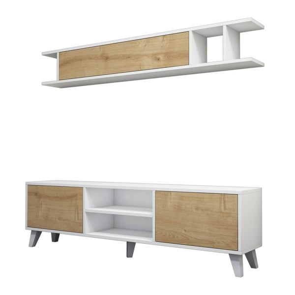 Комплект от бяла маса за телевизор и стенен рафт с детайли от борова дървесина Muzzo Italo - Puqa Design