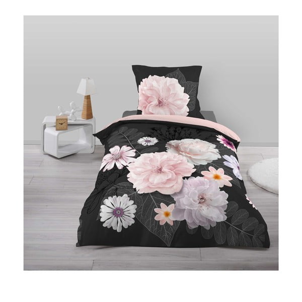 Черно-розово единично памучно спално бельо 140x200 cm Floral – douceur d'intérieur