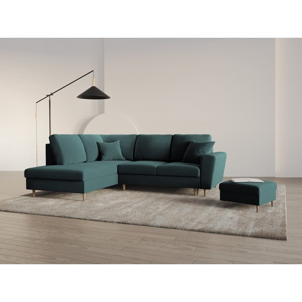 Кадифен разтегателен ъглов диван с място за съхранение в петролен цвят (ляв ъгъл/L форма) Kyoto – Cosmopolitan Design-image-2