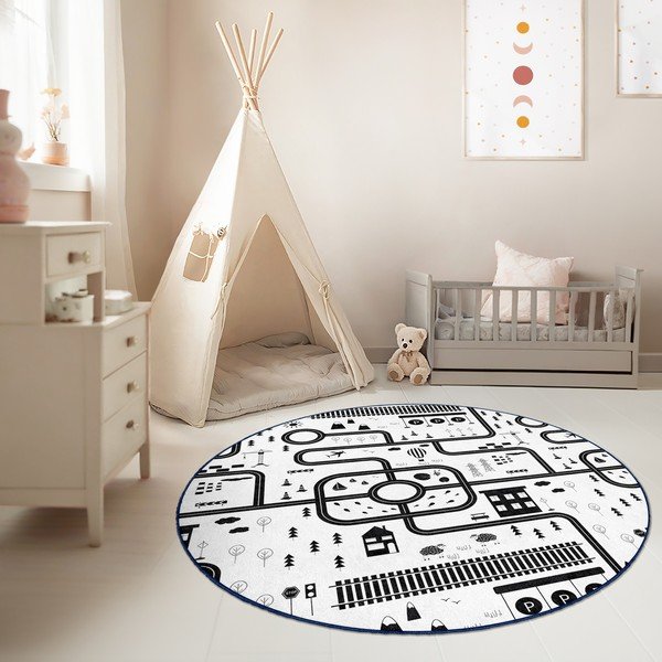 Черно-бял детско килимче за игра подходящо за пране ø100 cm In My Town – Mila Home-image-2