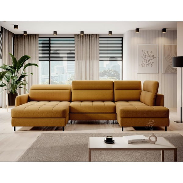 Жълт кадифен разтегателен ъглов диван с място за съхранение (десен ъгъл U форма) Berrto – ELTAP-image-1