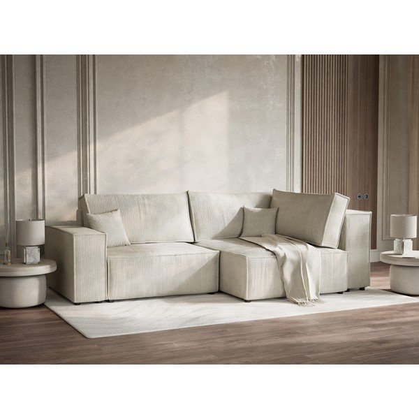 Кремав сгъваем/с място за съхранение ъглов диван от рипсено кадифе (десен ъгъл/L форма) Tonga – Maison de Rêve-image-4