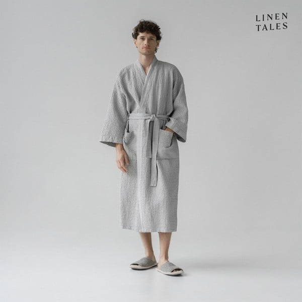 Светлосив халат за баня размер L/XL Honeycomb - Linen Tales