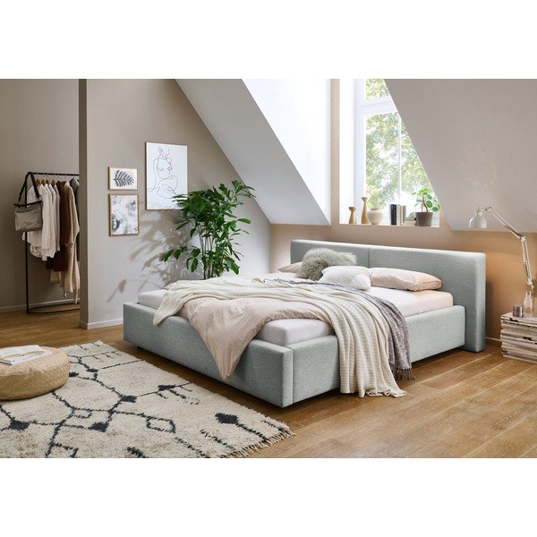 Сиво тапицирано двойно легло с място за съхранение с включена подматрачна рамка 160x200 cm Cube – Meise Möbel-image-1