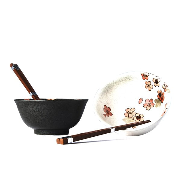 Комплект от 2 сиви и бели керамични чинии и пръчици за хранене Cherry Blossom - MIJ