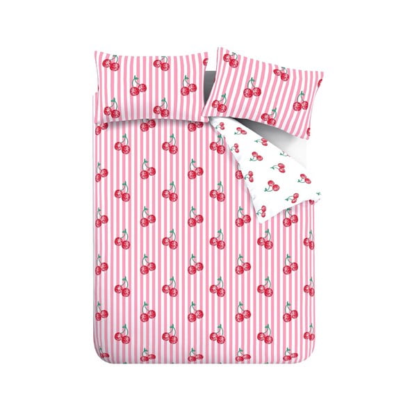 Бяло-розово двойно удължено спално бельо 230x220 cm Disco Cherries Stripes – Catherine Lansfield