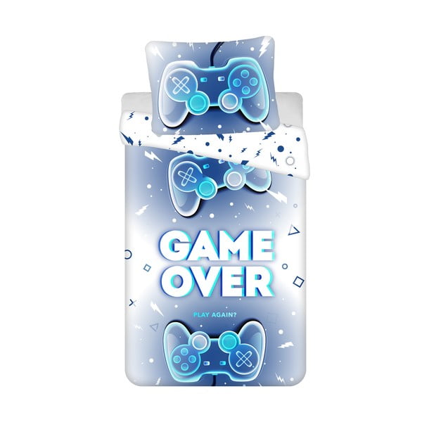 Единично памучно детско спално бельо в бял и син цвят 140x200 cm Game over  – Jerry Fabrics