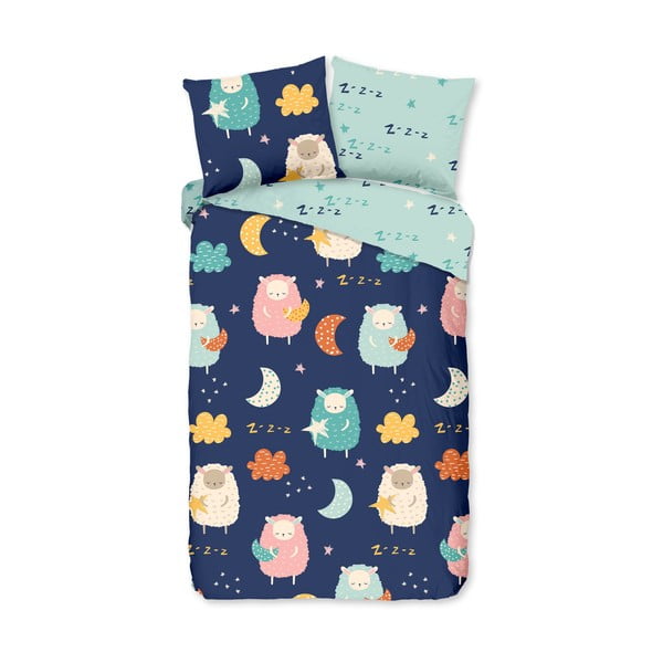 Синьо  единично удължено памучно детско спално бельо 140x220 cm Sheep – Good Morning