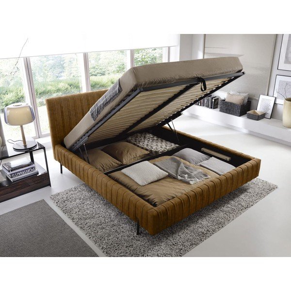 Двойно легло тапицирано с място за съхранение и включена подматрачна рамка в цвят жълта охра 140x200 cm Plissa – ELTAP-image-2