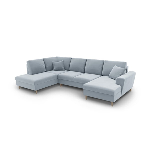 Светлосин кадифен разтегателен ъглов диван с място за съхранение (ляв ъгъл/U форма) Kyoto – Cosmopolitan Design-image-1