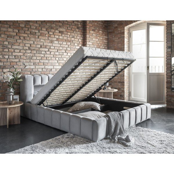 Светлосиво тапицирано двойно легло с място за съхранение и включена подматрачна рамка 180x200 cm Lamica – ELTAP-image-3