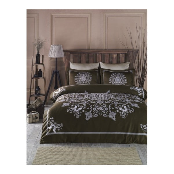 Спално бельо с памучен сатен чаршаф за двойно легло Мандала Браун, 200 x 220 cm - Unknown