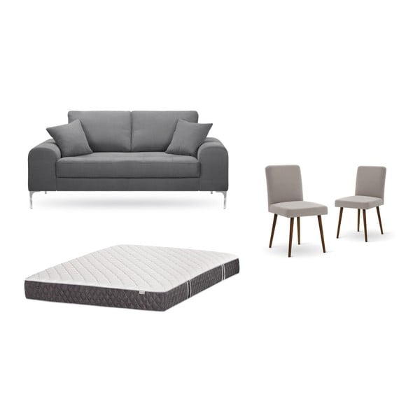 Комплект от двуместен сив диван, 2 сиво-бежови стола и матрак 140 x 200 cm - Home Essentials