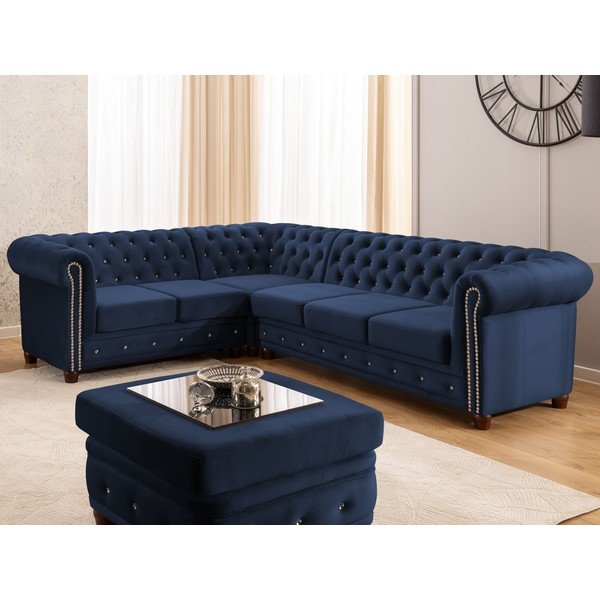 Син кадифен сгъваем ъглов диван (ляв ъгъл/L форма) York Blik – Ropez-image-1