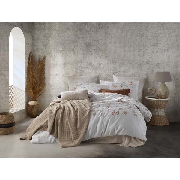 Бяло двойно удължено спално бельо от памучен сатен 240x220 cm Ivory Garden Floral – Mila Home Luxury-image-1