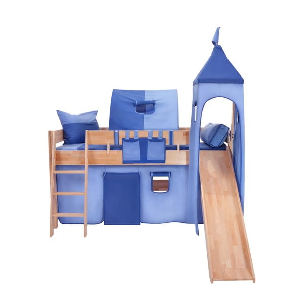 Dětská patrová postel se skluzavkou a modrým hradním bavlněným setem Mobi furniture Luk, 200 x 90 cm