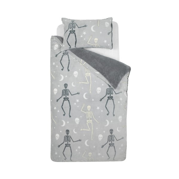 Сиво двойно  детско спално бельо със светещ ефект от микроплюш 200x200 cm Halloween Skeleton – Catherine Lansfield