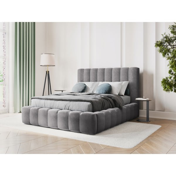 Сиво тапицирано двойно легло с място за съхранение 200x200 cm Kelp - Micadoni Home-image-1