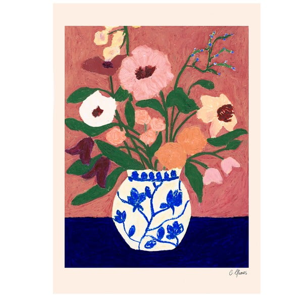 Постер 30x40 cm Flowers on Blue Table – Carla Llanos – The Poster Club