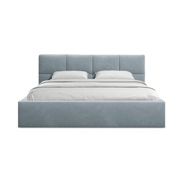 Светлосиньо кадифено двойно легло 140x200 cm тапицирано с място за съхранение и включена подматрачна рамка Hiko – Makamii-image-3