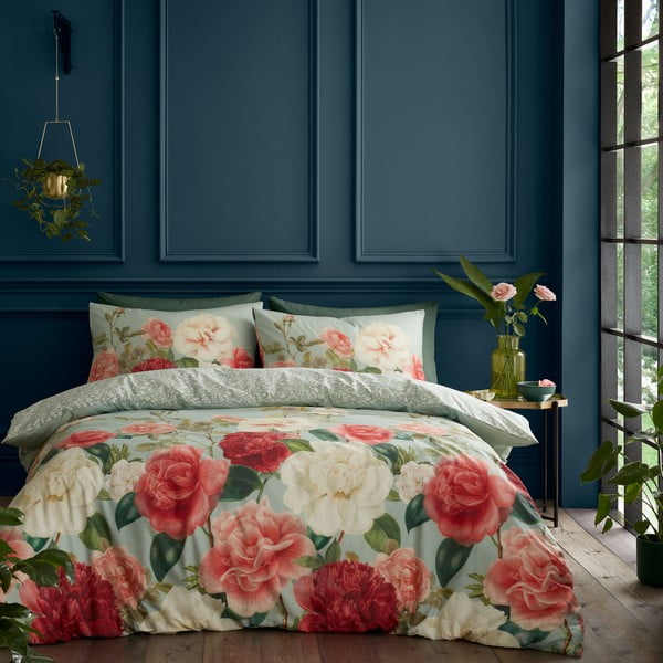 Розово и зелено памучно спално бельо за двойно легло 200x200 cm Rose Garden - RHS