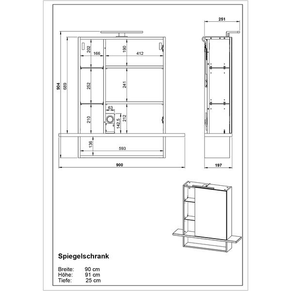 Тъмно сив висящ шкаф за баня с огледало в дъб 90x91 cm Avellino - Germania-image-3