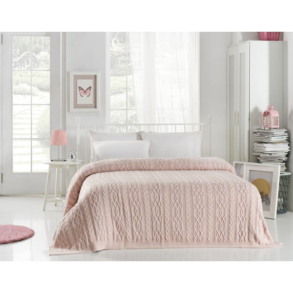 Светлорозова покривка за легло със смес от памук Плетене, 220 x 240 cm - Homemania Decor
