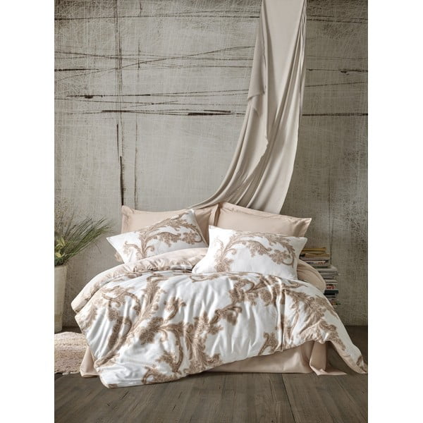 Бежово памучно спално бельо от 6 части с чаршаф 200x220 cm Loren - Mijolnir