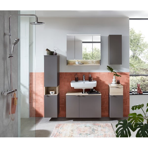 Нисък стенен шкаф за баня от декор от бор в сив и естествен цвят 72x30 cm Quickset 394 – Pelipal-image-4