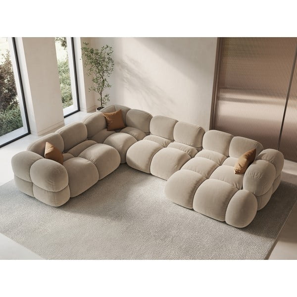 Бежов кадифен ъглов диван (ляв ъгъл/U форма) Loretto – Cosmopolitan Design-image-1