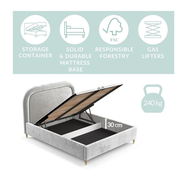 Светлосиво тапицирано двойно легло с място за съхранение с включена подматрачна рамка 140x200 cm Mija – Maison de Rêve-image-3