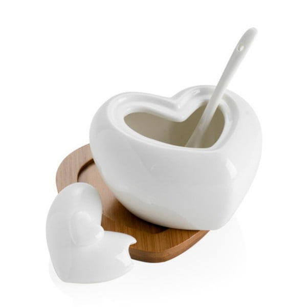 Порцеланова захарница с лъжица и бамбукова подложка Сърце - Brandani-image-4