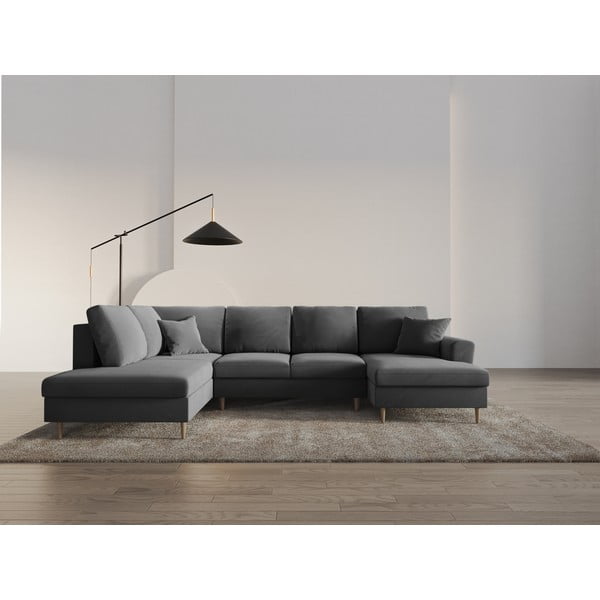 Светлосив кадифен разтегателен ъглов диван с място за съхранение (ляв ъгъл/U форма) Kyoto – Cosmopolitan Design-image-2