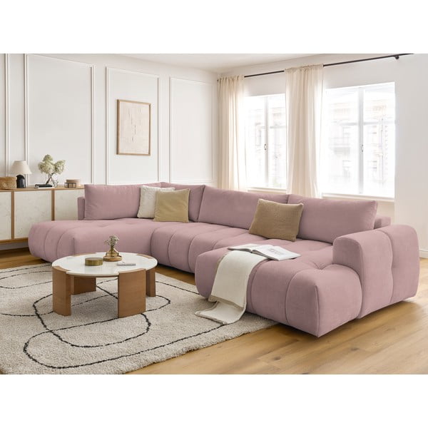 Розов сгъваем/с място за съхранение ъглов диван (ляв ъгъл/U форма) Fuji – Bobochic Paris-image-1