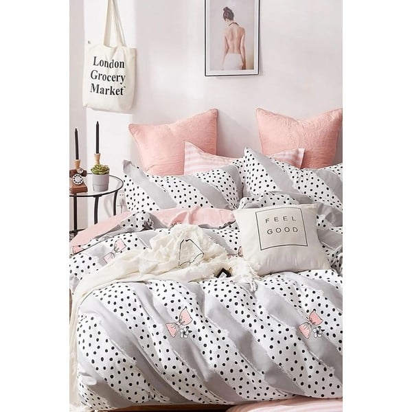 Удължен памучен чаршаф за единично легло от три части в бяло и розово, 160x220 cm Bow and Polka-Dot – Mila Home
