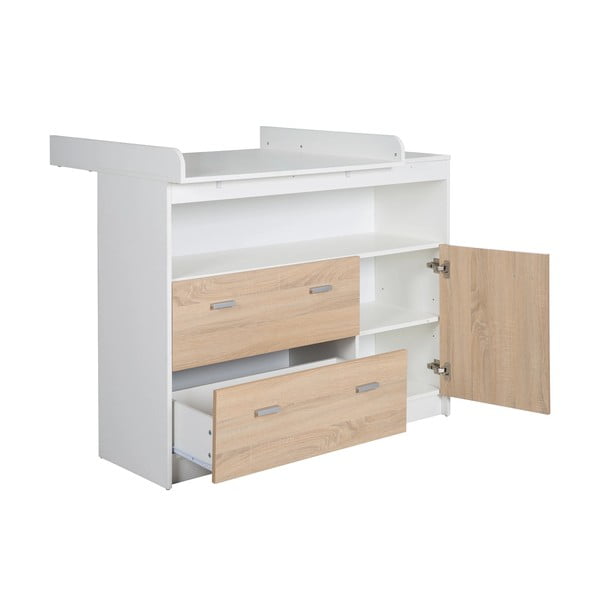 Нисък детски скрин от дъб с масичка за преповиване в бял и естествен цвят 117x98 cm Gabriella - Roba-image-3