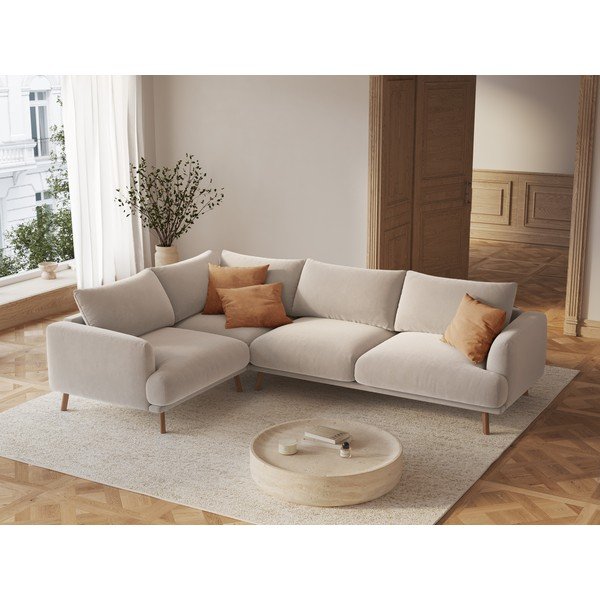 Бежов кадифен ъглов диван (ляв ъгъл/L форма) Naomi – Micadoni -image-1