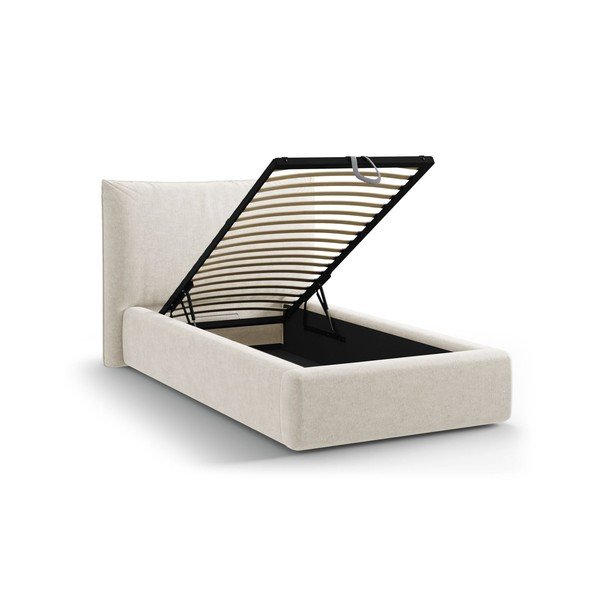 Кремаво единично легло 90x200 cm тапицирано с място за съхранение с включена подматрачна рамка Kaelle – Micadoni -image-1