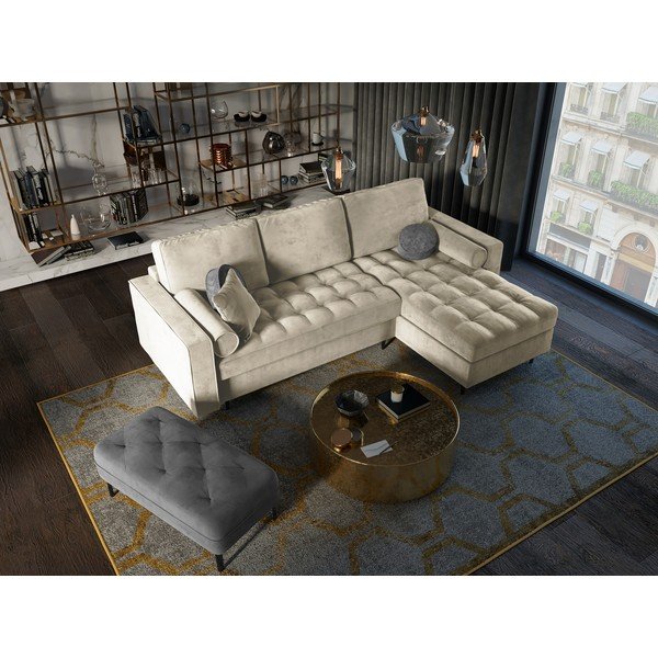 Бежов кадифен ъглов диван, десен ъгъл Santo - Milo Casa-image-1