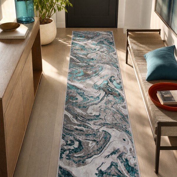 Сива/тюркоазена пътека 60x230 cm Marbled – Flair Rugs-image-3