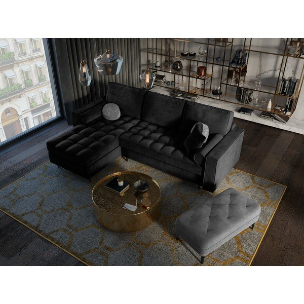 Ъглов разтегателен диван от черно кадифе , ляв ъгъл Santo - Milo Casa-image-1