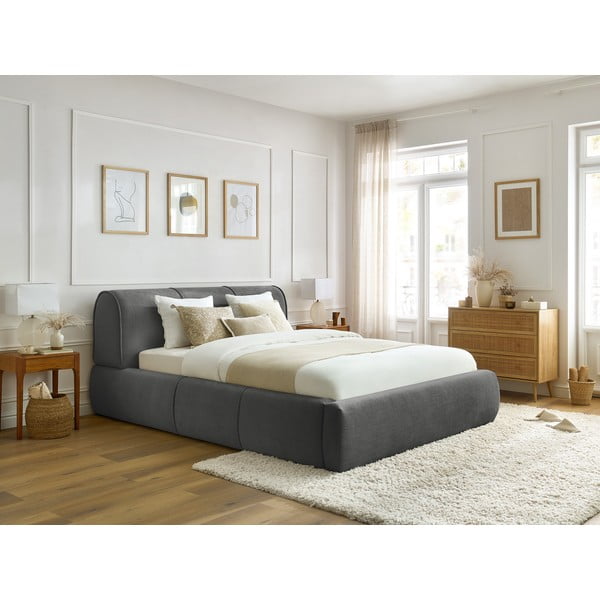 Сиво тапицирано двойно легло с място за съхранение с решетка 180x200 cm Vernon - Bobochic Paris-image-1