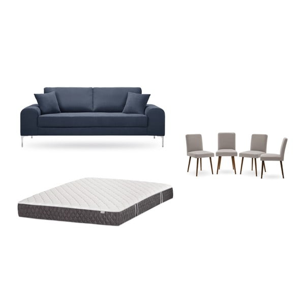 Комплект от триместен тъмносин диван, 4 сиво-бежови стола и матрак 160 x 200 cm - Home Essentials