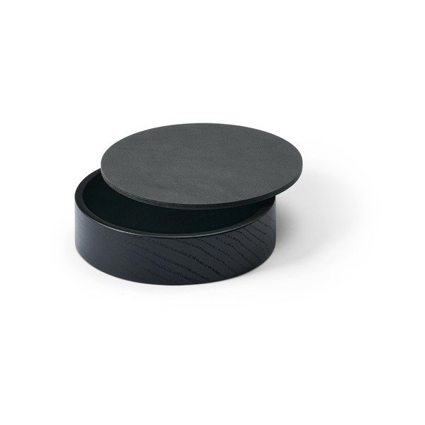 Дървена декоративна кутия за съхранение от еко кожа с капак в черен и антрацитен цвят ø 11x3,5 cm Circle Nupo – LIND DNA-image-1