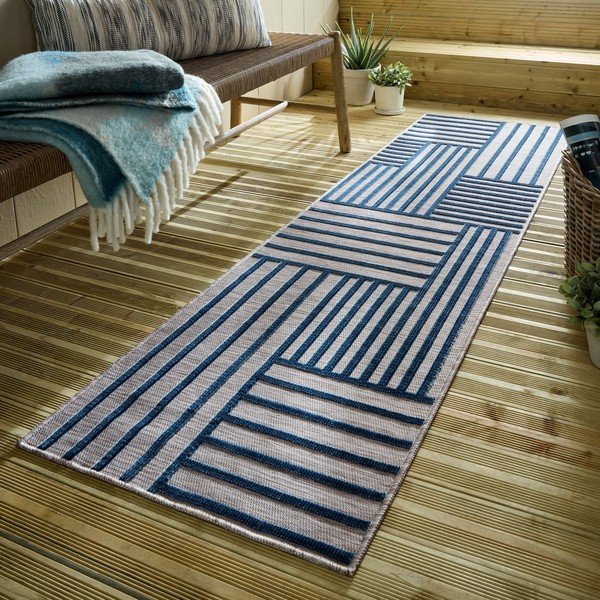 Тъмносин килим за открито и закрито 66x230 cm Vigo Blocks – Flair Rugs-image-1