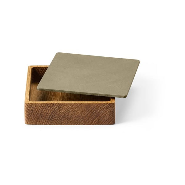 Дървена декоративна кутия за съхранение от еко кожа с капак в зелен и естествен цвят 11x11x3,5 cm Square Nupo – LIND DNA-image-1