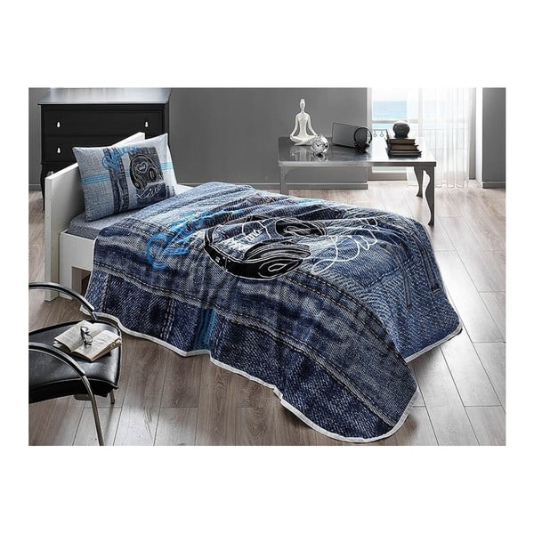 Комплект от памучна покривка за легло, чаршаф и калъфка за възглавница Listen V1 Blue, 160 x 230 cm - Taç